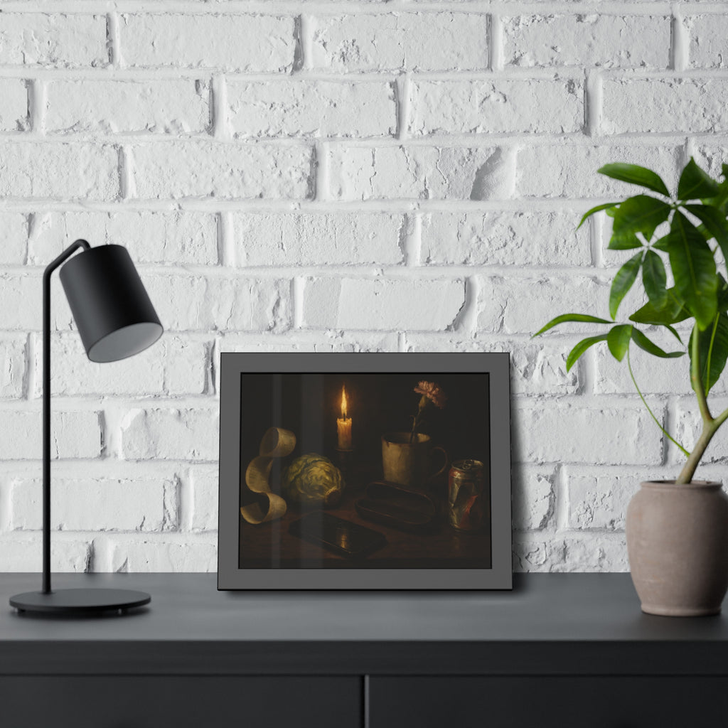 A candle, lettuce head, curled receipt and can on a dim table. Vanitas with Receipts and Wilted Lettuce by Garabaggio, framed fine art print hanging in a room.