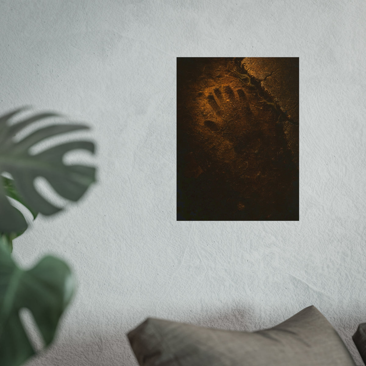 A glove shaped imprint left in cracked asphalt under warm light. The Assumption, or: What Remains by Garabaggio, fine art print hanging in a room.