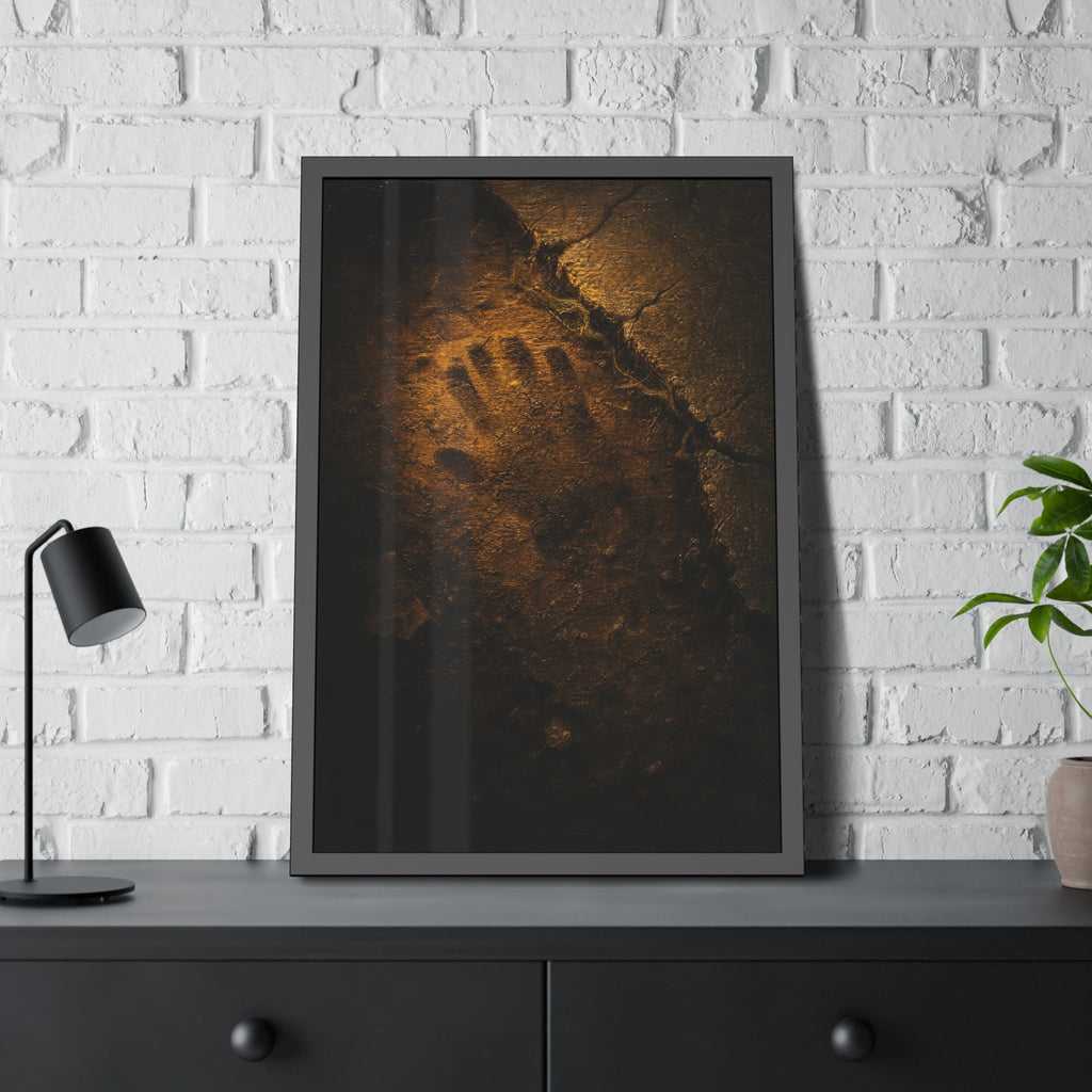 A glove shaped imprint left in cracked asphalt under warm light. The Assumption, or: What Remains by Garabaggio, framed fine art print hanging in a room.