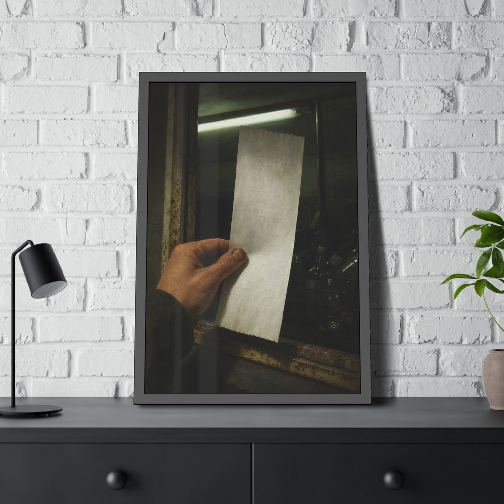 A hand holding a blank slip at a rusted counter window, bottles behind. The Receipt of Absolution by Garabaggio, framed fine art print hanging in a room.