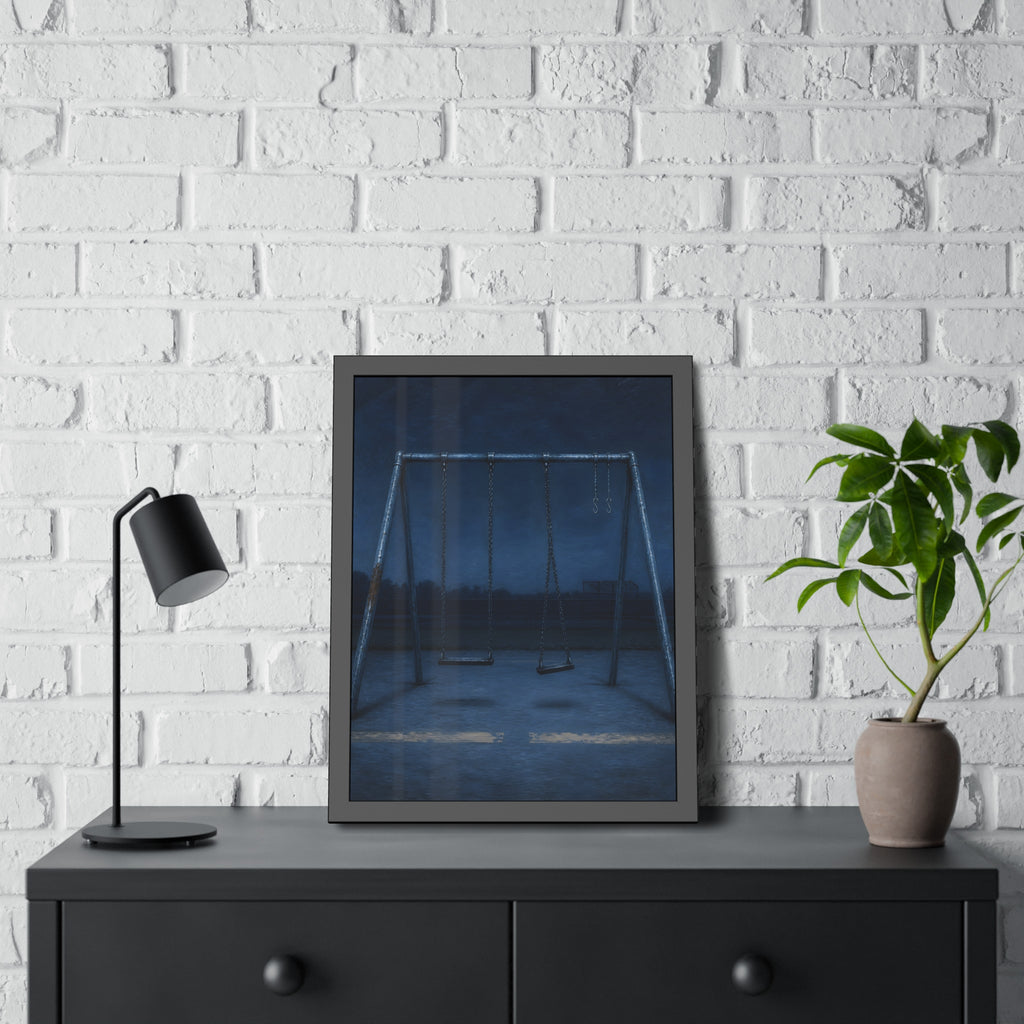 A swing set with two seats and two bare hooks in blue predawn light. The Fifth Hour: The Blue Before by Garabaggio, framed fine art print hanging in a room.