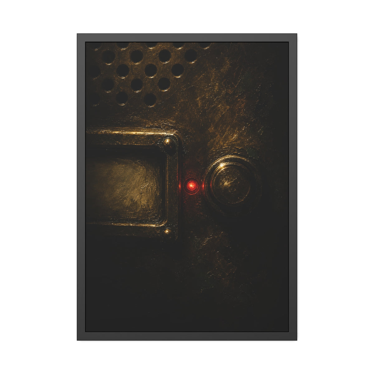 Close on an intercom nameplate and button with a small red light. The First Buzz at Dusk by Garabaggio, framed fine art print, 28″ x 40″.