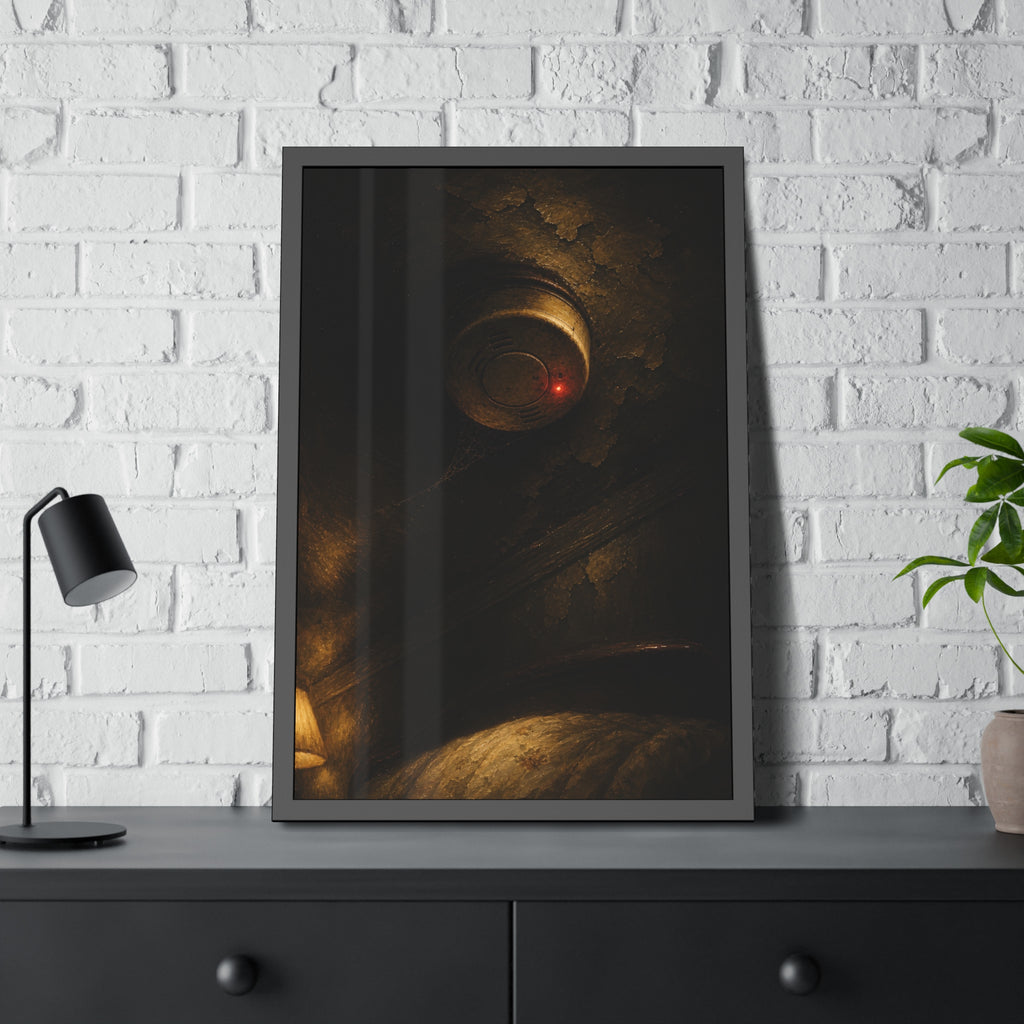A smoke detector on a stained ceiling, its red light on, cobweb below. The Watch Above Sleep by Garabaggio, framed fine art print hanging in a room.