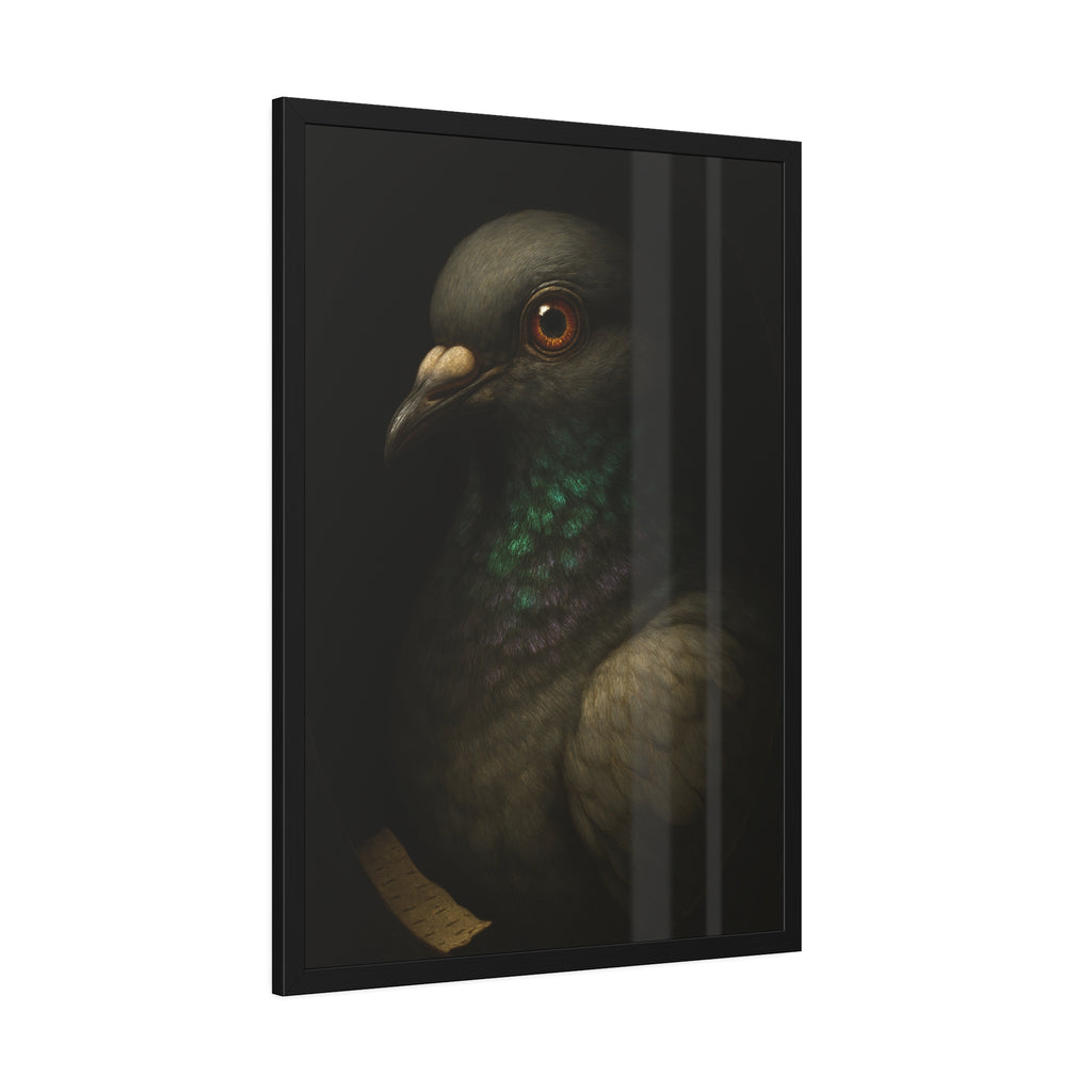 Close portrait of a pigeon with an iridescent green throat. Study of the Holy Messenger, No. 1 by Garabaggio, framed fine art print hanging in a room.
