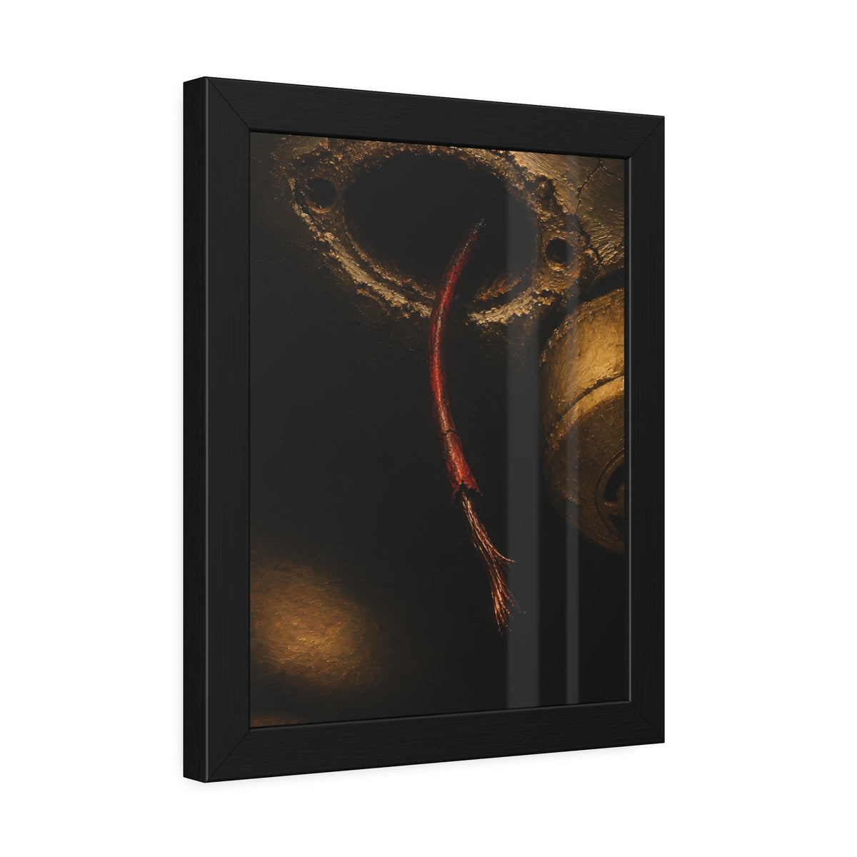 A frayed red wire hanging from a hole in a cracked ceiling. The Loose Red Wire by Garabaggio, framed fine art print hanging in a room.