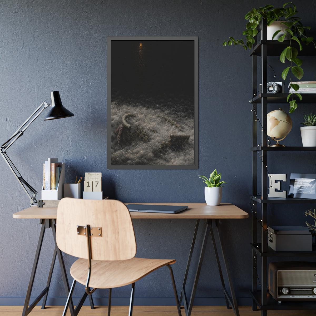A broken laundry basket half buried in a snowbank under a distant light. Lattice in the Snowbank by Garabaggio, framed fine art print hanging in a room.