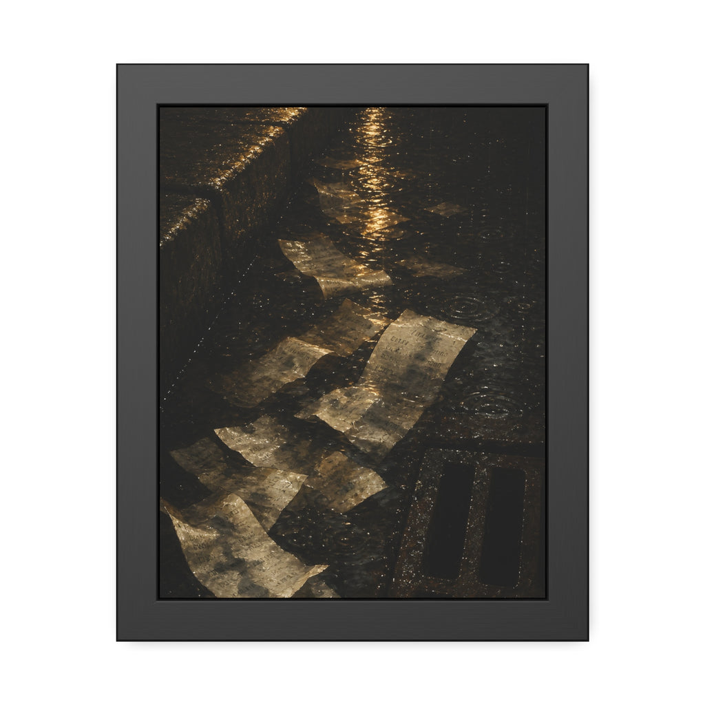 Wet receipts scattered in a gutter beside a storm drain in the rain. The Audit in Rain by Garabaggio, framed fine art print, 11″ x 14″.