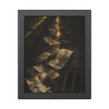 Wet receipts scattered in a gutter beside a storm drain in the rain. The Audit in Rain by Garabaggio, framed fine art print, 11″ x 14″.