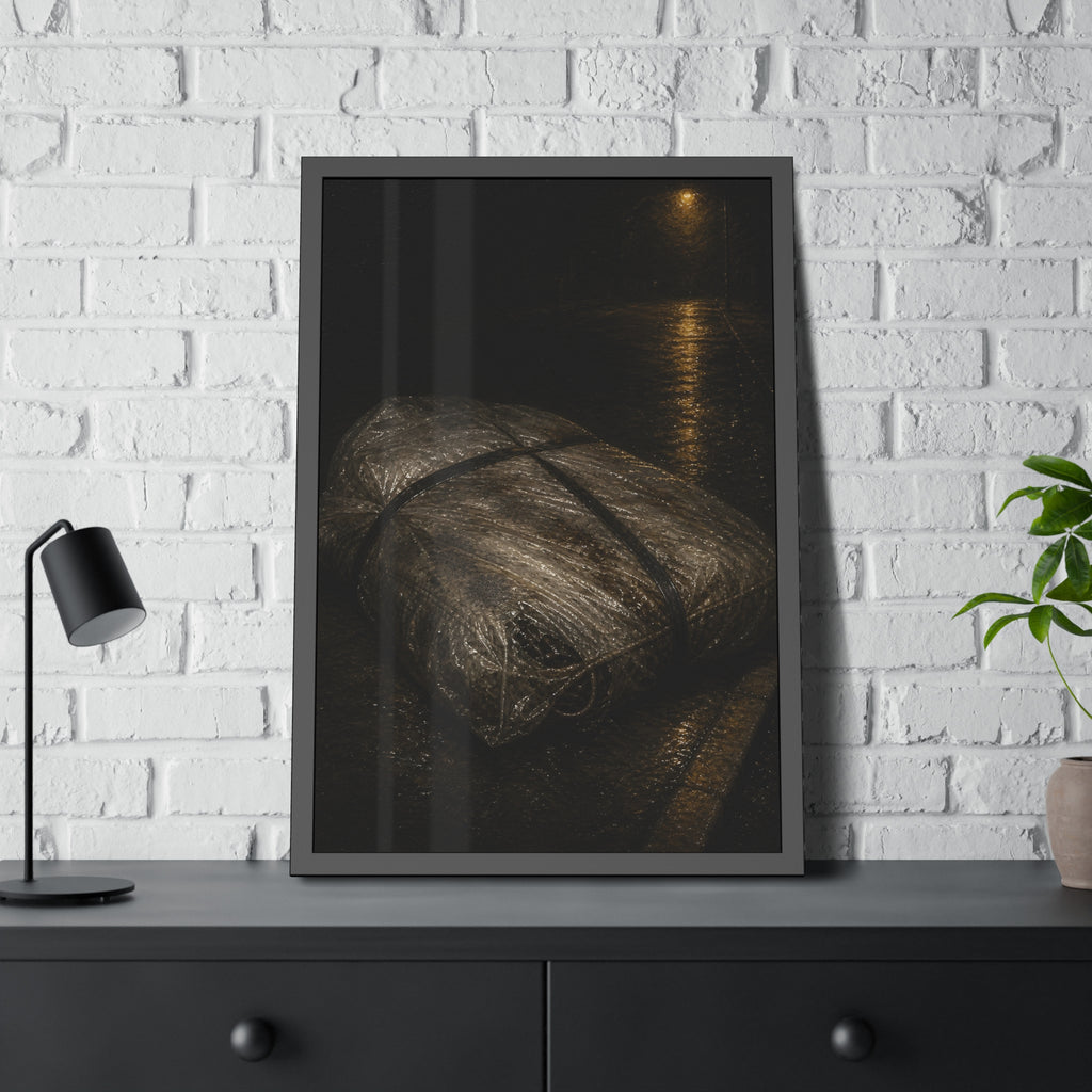 A mattress wrapped in plastic and strapped shut on a wet night street. The Municipal Shroud by Garabaggio, framed fine art print hanging in a room.