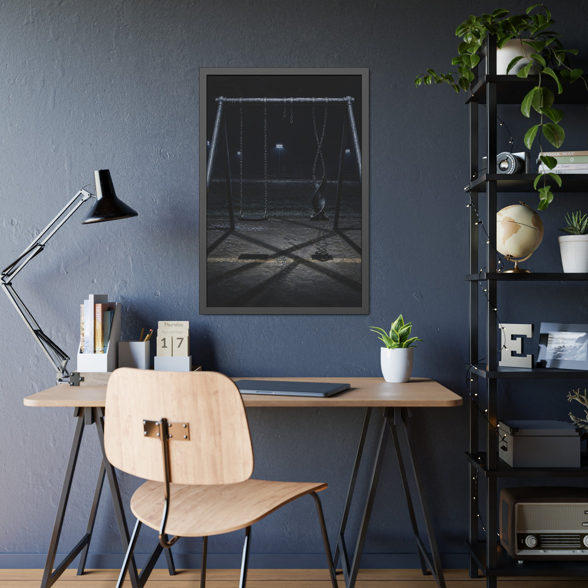 An empty swing set at night with one seat twisted up on its chains. The First Hour: The Twisted Seat by Garabaggio, framed fine art print hanging in a room.