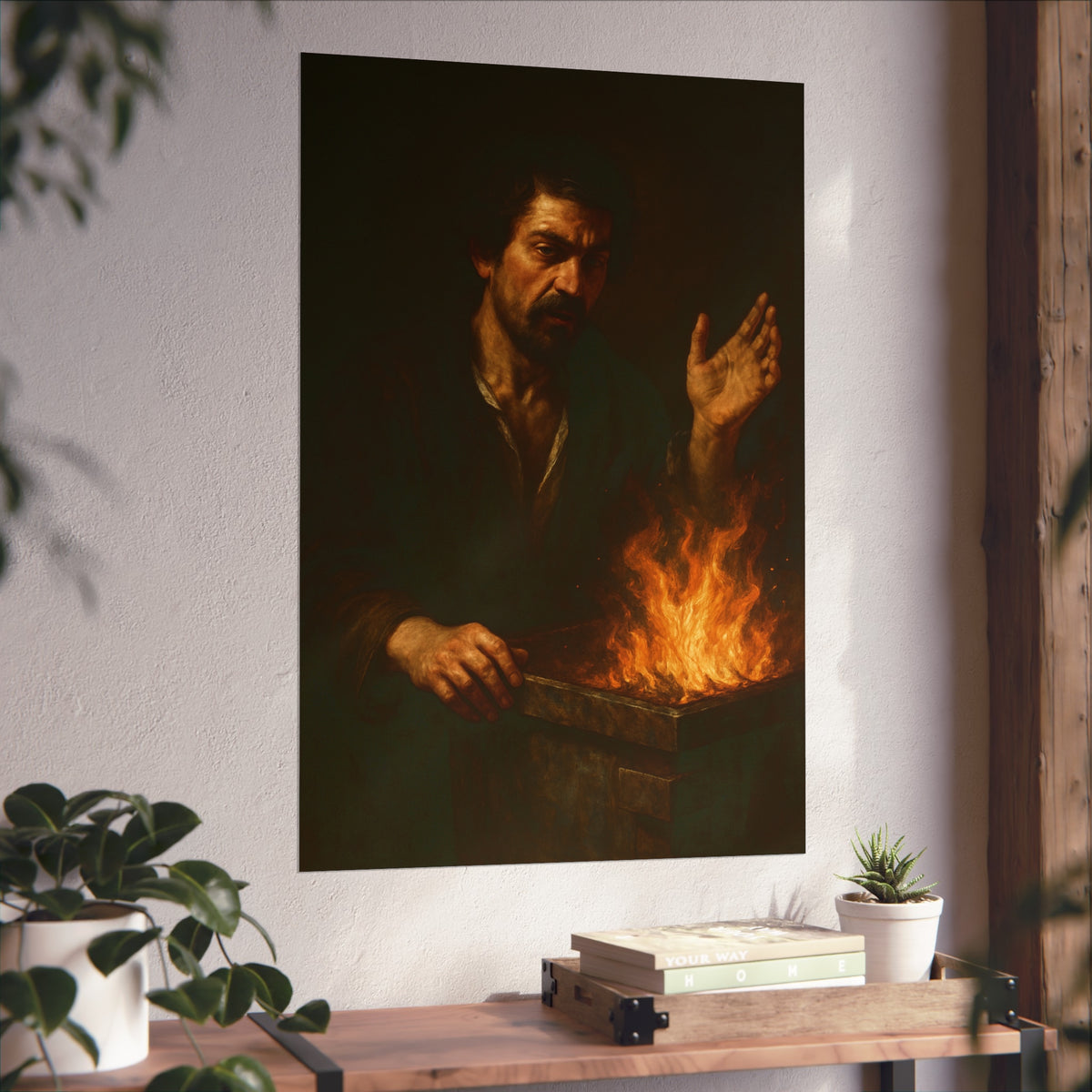 Man holding one hand high over the flames of an open burning bin. Self-Portrait Commanding the Light by Garabaggio, fine art print hanging in a room.