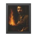 Man reaching an open palm toward a dumpster fire at his left. Self-Portrait as the Doubting Thomas by Garabaggio, framed fine art print, 11″ x 14″.