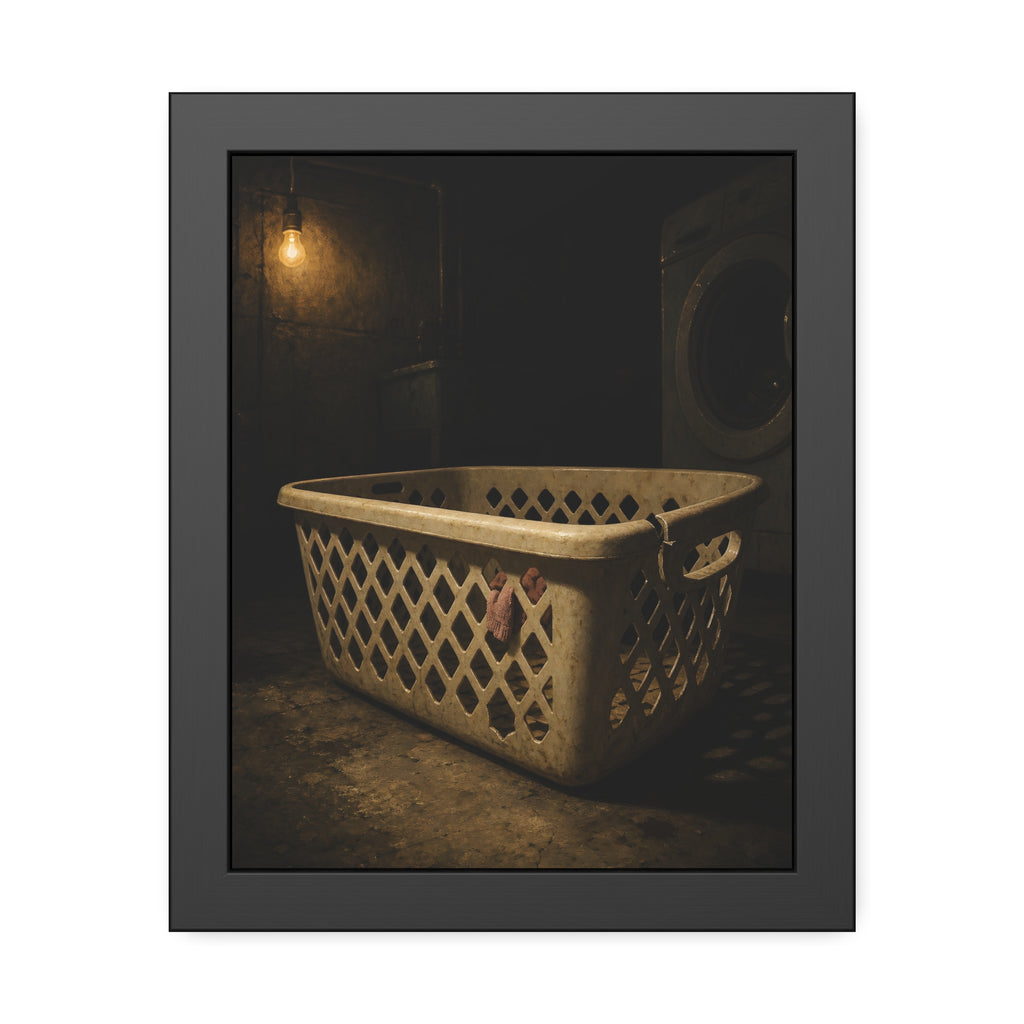 A plastic laundry basket on a basement floor under a bare hanging bulb. The First Split by Garabaggio, framed fine art print, 11″ x 14″.