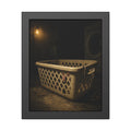 A plastic laundry basket on a basement floor under a bare hanging bulb. The First Split by Garabaggio, framed fine art print, 11″ x 14″.