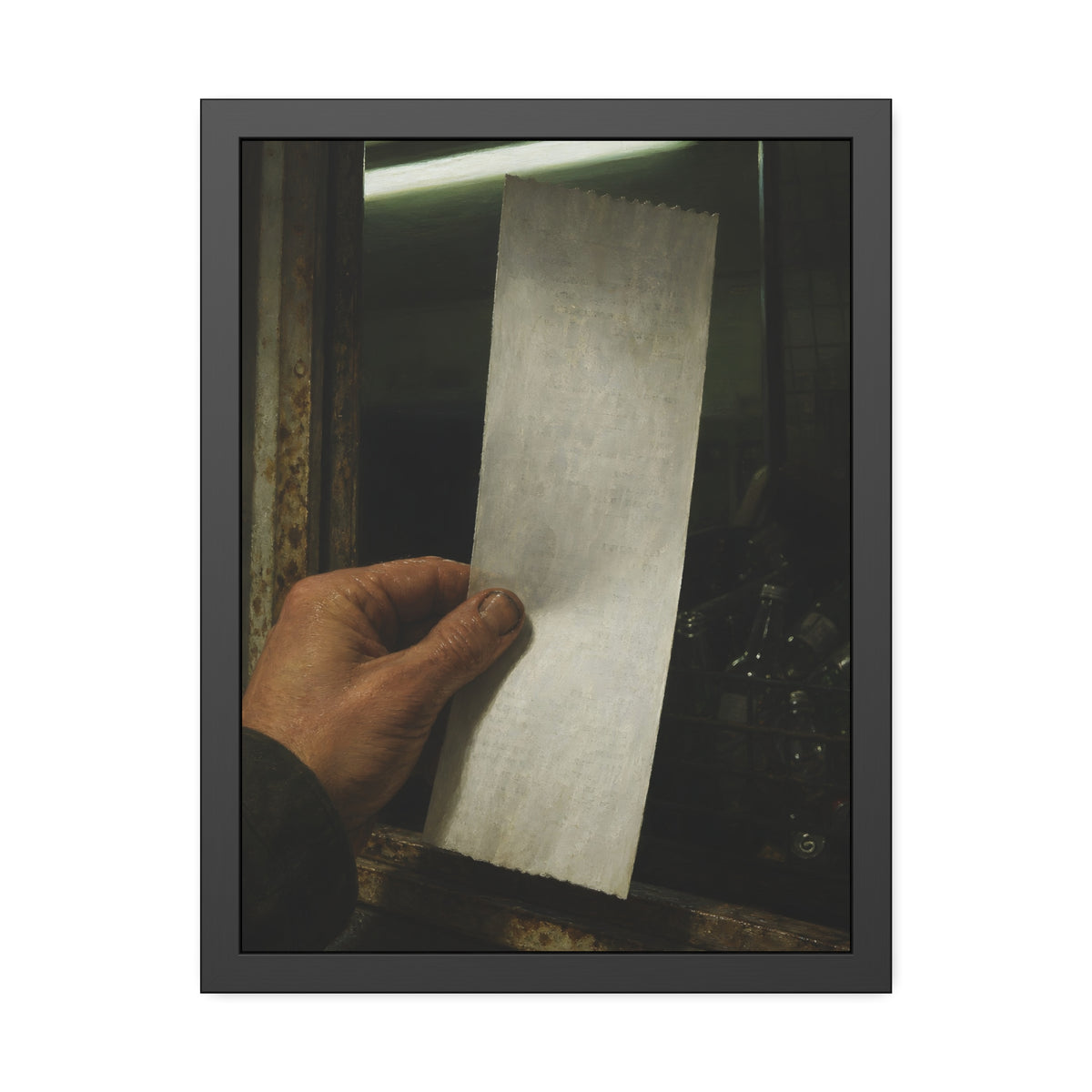 A hand holding a blank slip at a rusted counter window, bottles behind. The Receipt of Absolution by Garabaggio, framed fine art print, 18″ x 24″.