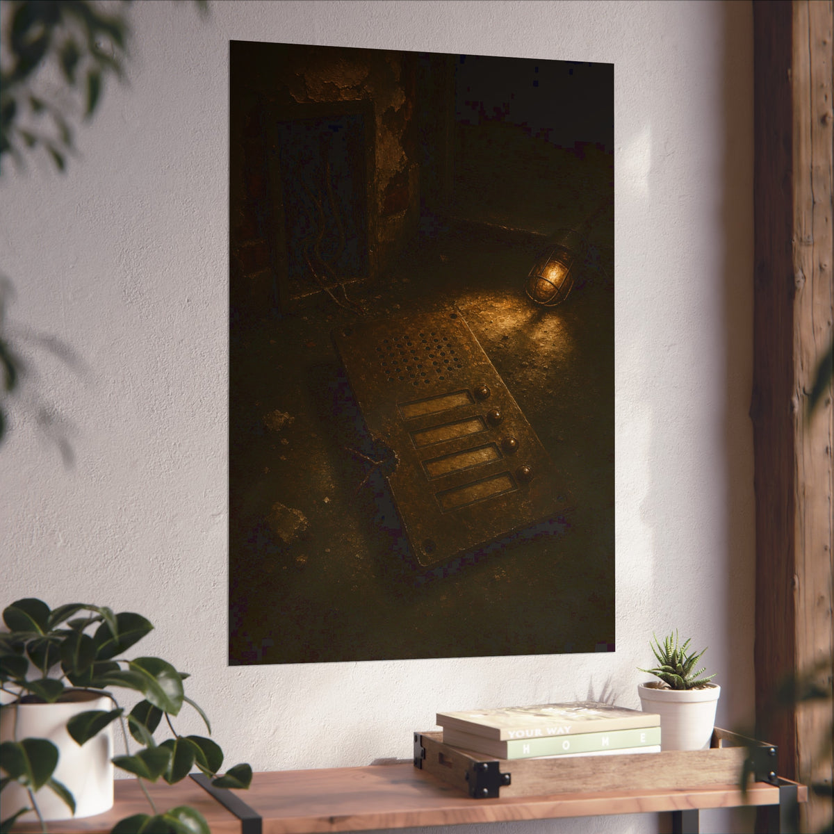 An intercom panel face up on a floor, wires cut, lit by a work lamp. The Plate Taken Down by Garabaggio, fine art print hanging in a room.