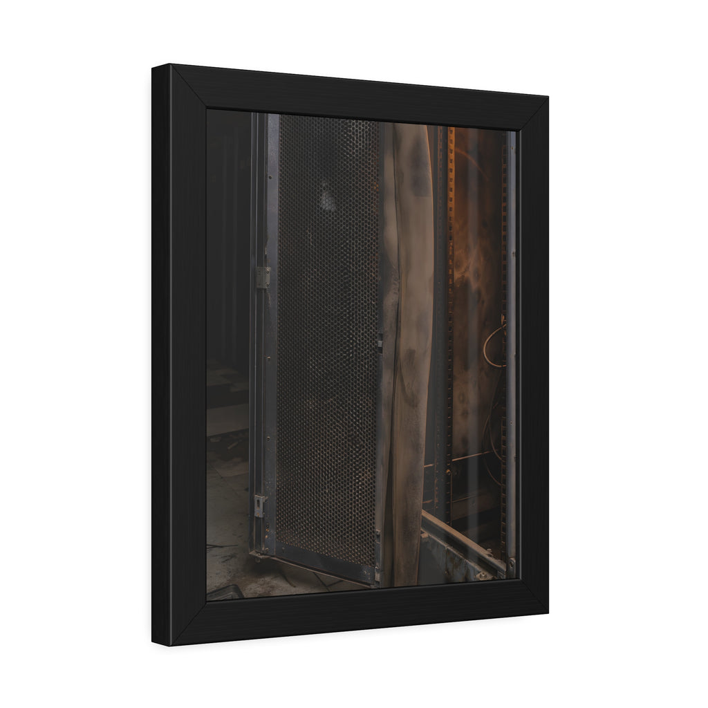 An open server rack cabinet with a mesh door and warm glow inside. The Heat Behind the Doors by Garabaggio, framed fine art print hanging in a room.