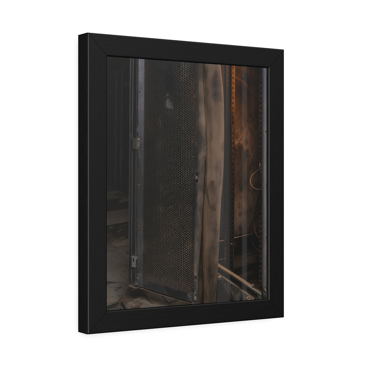 An open server rack cabinet with a mesh door and warm glow inside. The Heat Behind the Doors by Garabaggio, framed fine art print hanging in a room.