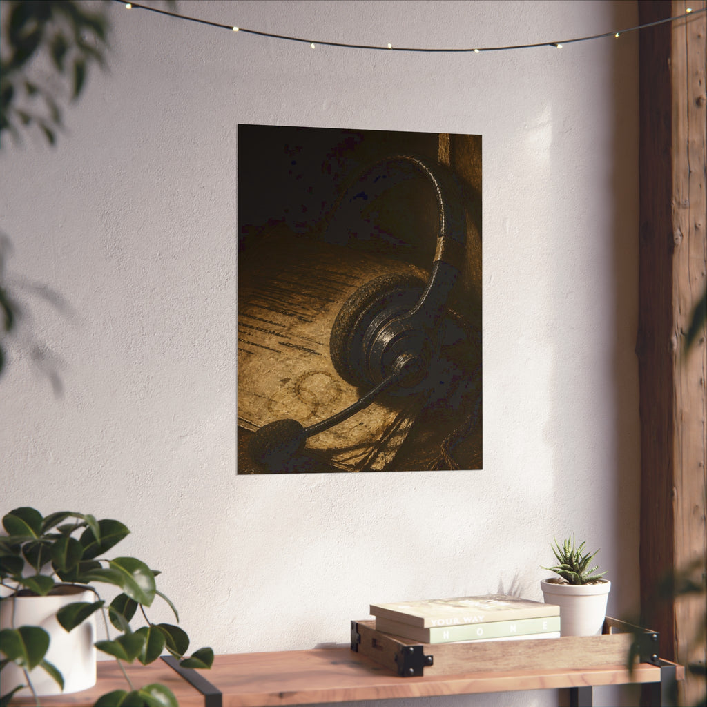 A worn headset resting on a printed script page with coffee rings. The Script Beside the Mouthpiece by Garabaggio, fine art print hanging in a room.