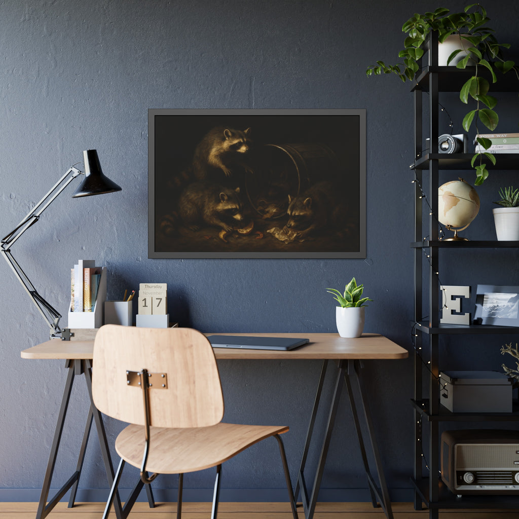 Raccoons at a tipped metal pail, one gnawing a melon rind in the dark. The Supper at the Alleyway by Garabaggio, framed fine art print hanging in a room.