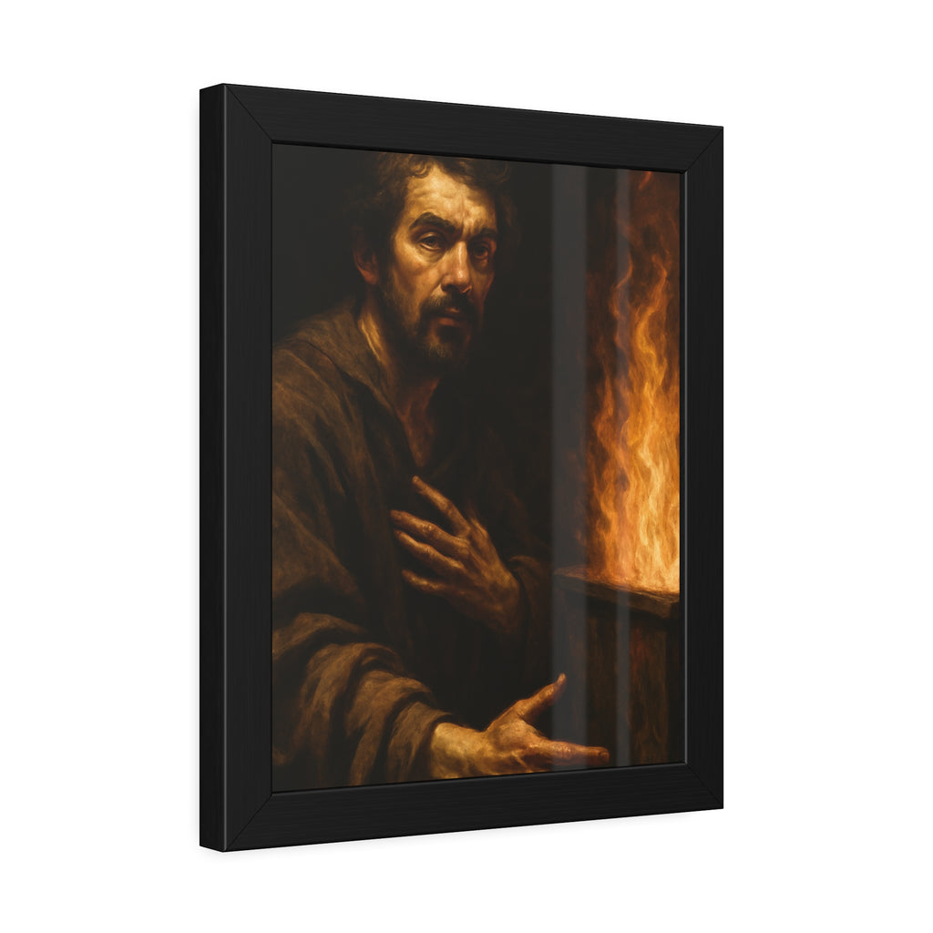 Bearded man with a hand on his chest beside flames rising from a bin. Self-Portrait as a Penitent by Garabaggio, framed fine art print hanging in a room.