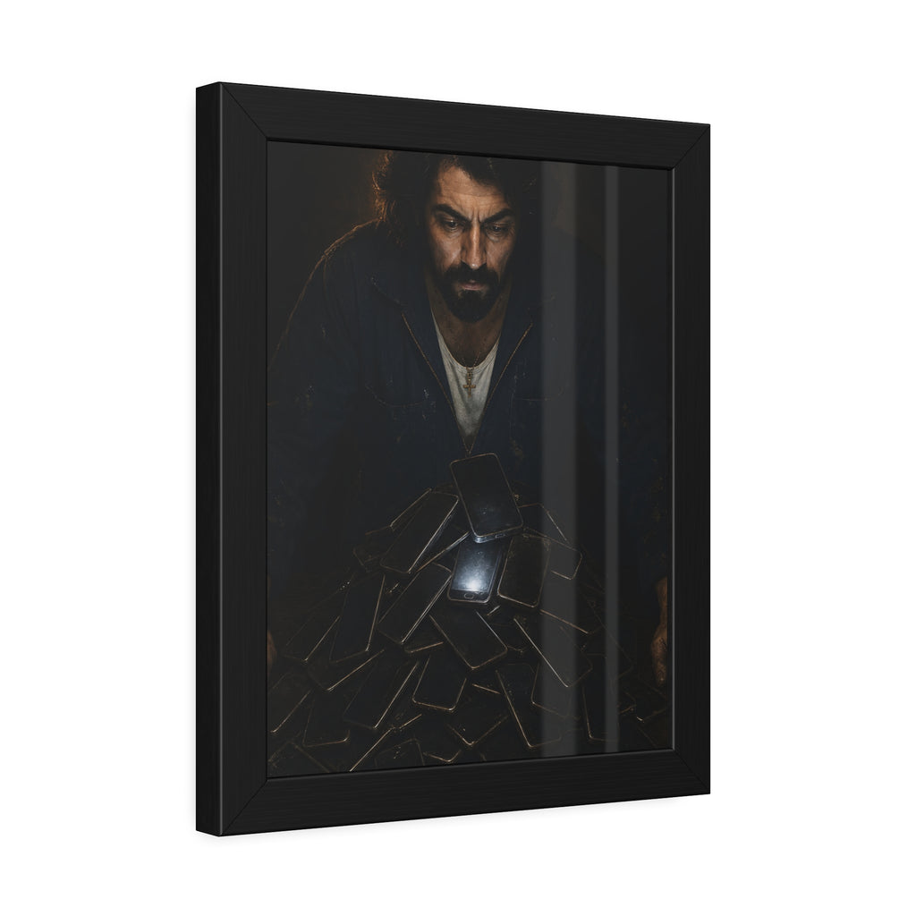A bearded man leaning over a pile of dark phones, one screen lit. The Last Notification by Garabaggio, framed fine art print hanging in a room.