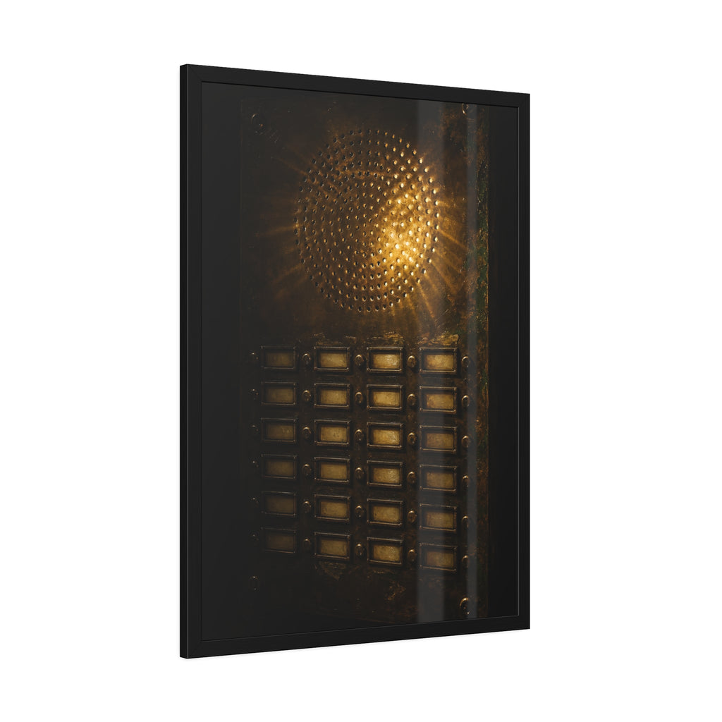 Light glowing through an intercom speaker grille above rows of buttons. Voice Through Perforations by Garabaggio, framed fine art print hanging in a room.