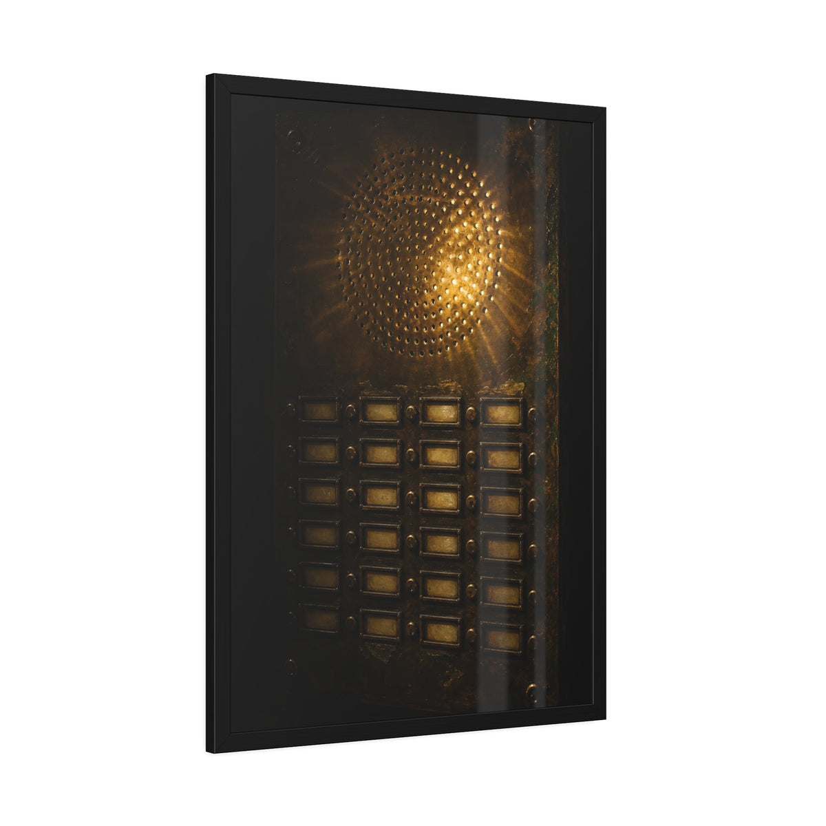 Light glowing through an intercom speaker grille above rows of buttons. Voice Through Perforations by Garabaggio, framed fine art print hanging in a room.