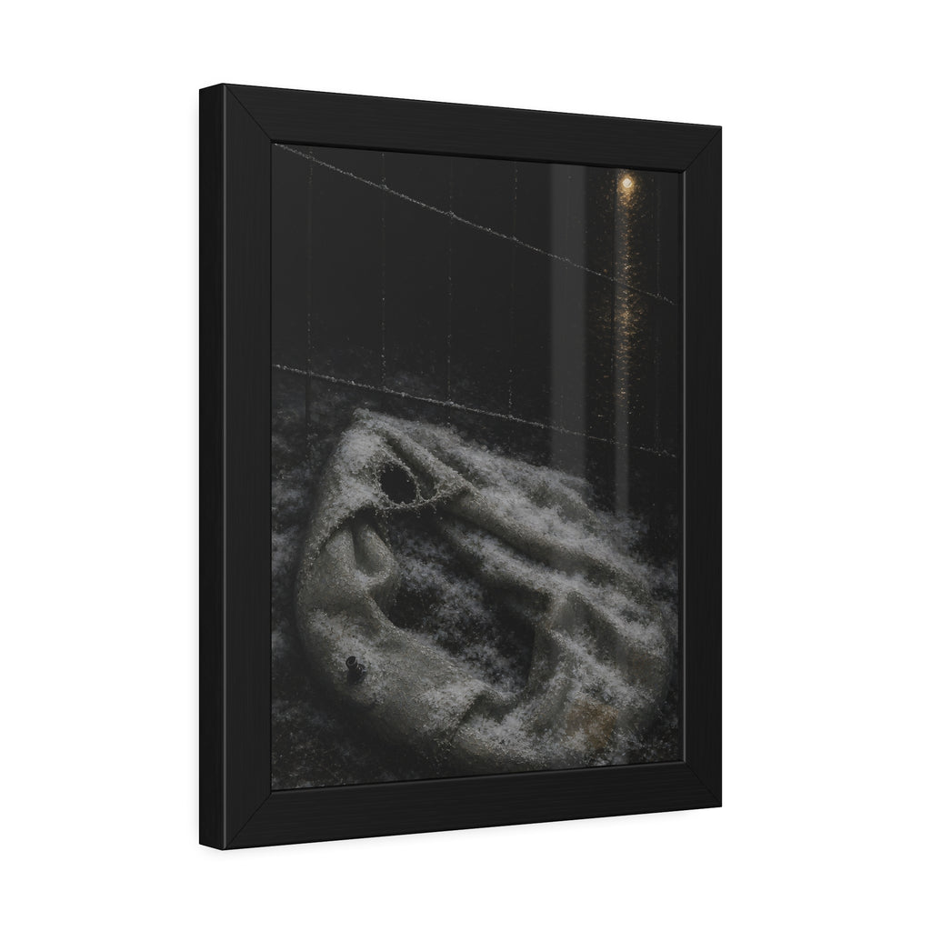 A deflated pool float under snow beside a chain link fence at night. The Bleaching Under Snow by Garabaggio, framed fine art print hanging in a room.