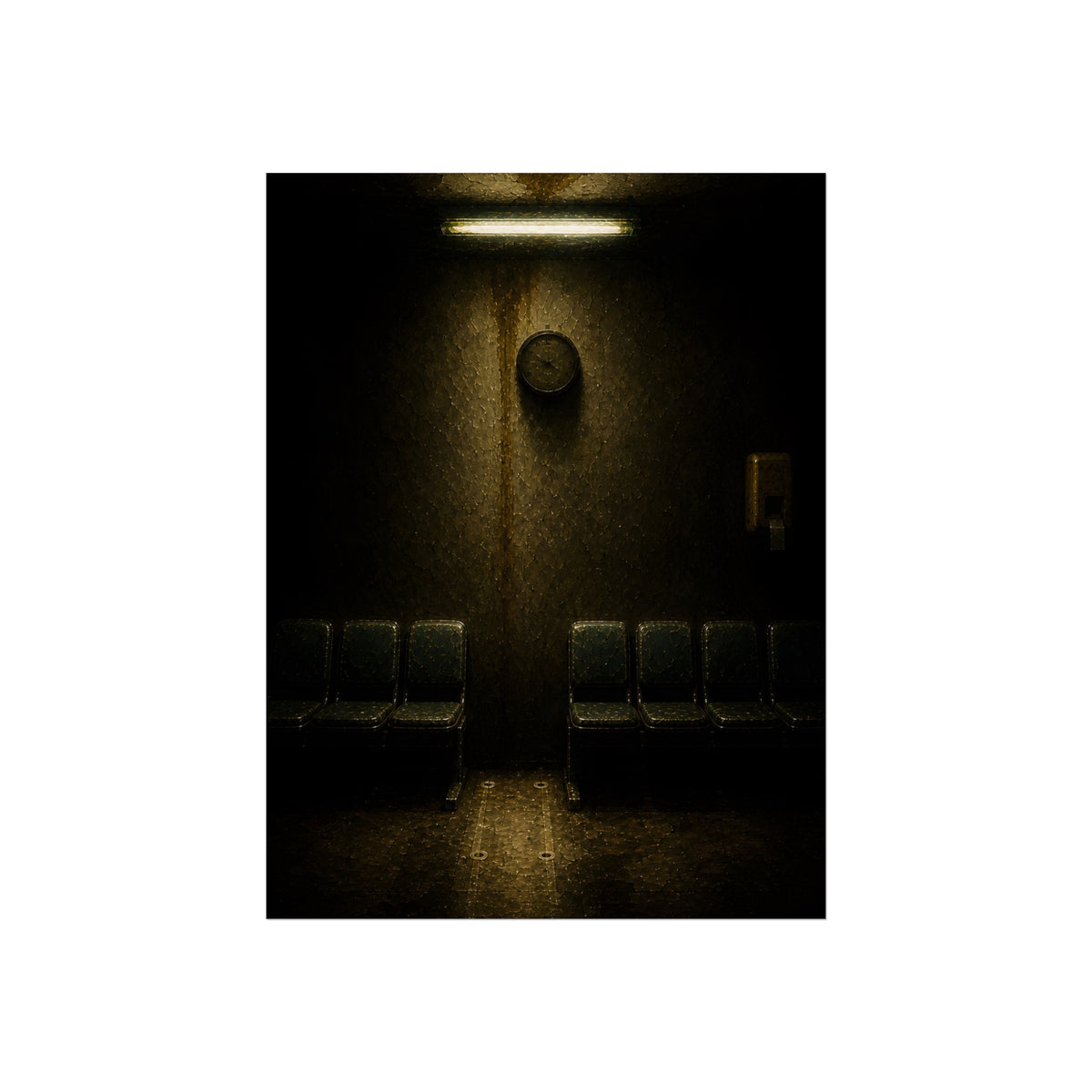 A gap in a row of waiting room chairs below a clock and one strip light. One Chair Removed by Garabaggio, fine art print, 12″ x 16″.