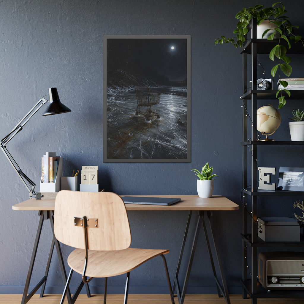 A rusted shopping cart frozen into moonlit river ice. The Wintering in the Ice by Garabaggio, framed fine art print hanging in a room.