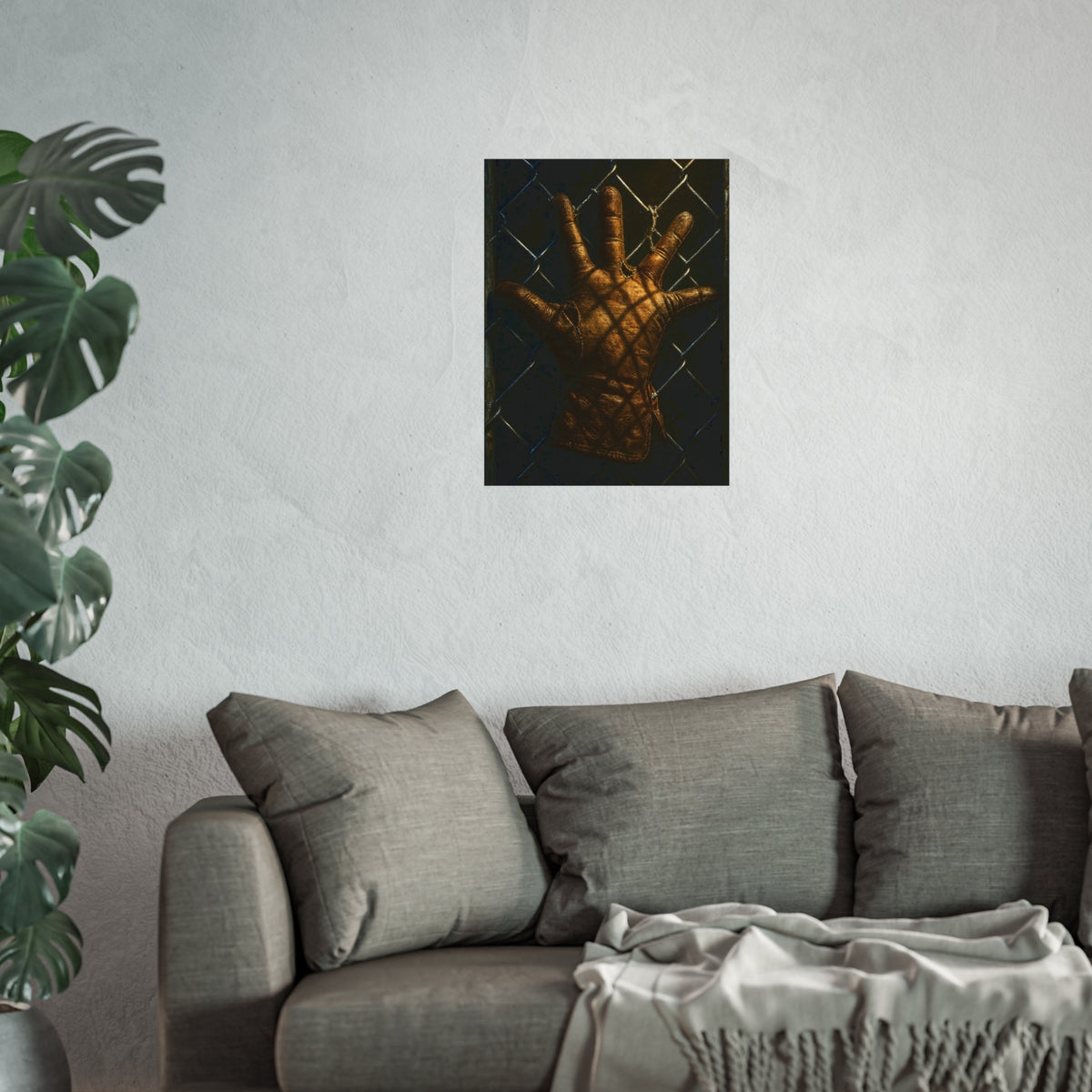 A worn leather glove caught fingers up on a dark chain-link fence. The Crucifixion on Chain-Link by Garabaggio, fine art print hanging in a room.