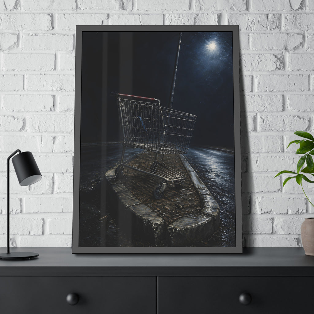 A shopping cart stranded on a stone median under a streetlight. The Crossing of the Median by Garabaggio, framed fine art print hanging in a room.