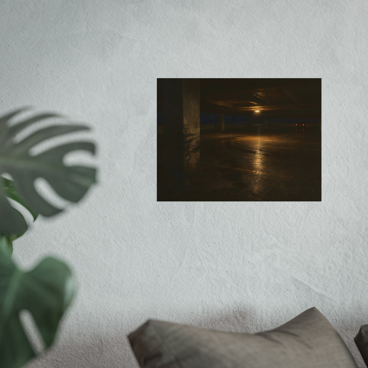 An empty concrete parking deck lit by one ceiling lamp, tail lights beyond. The Parking Garage, Level 4 by Garabaggio, fine art print hanging in a room.