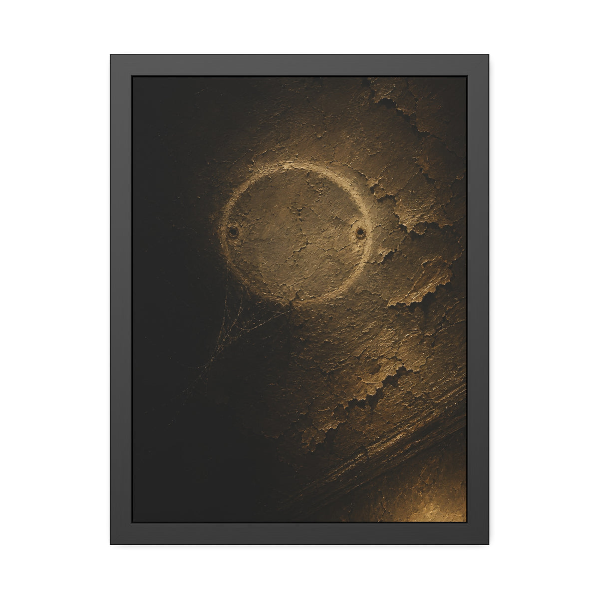 A pale ring and two screw holes on a peeling ceiling where a detector was. The Circle on the Ceiling by Garabaggio, framed fine art print, 18″ x 24″.