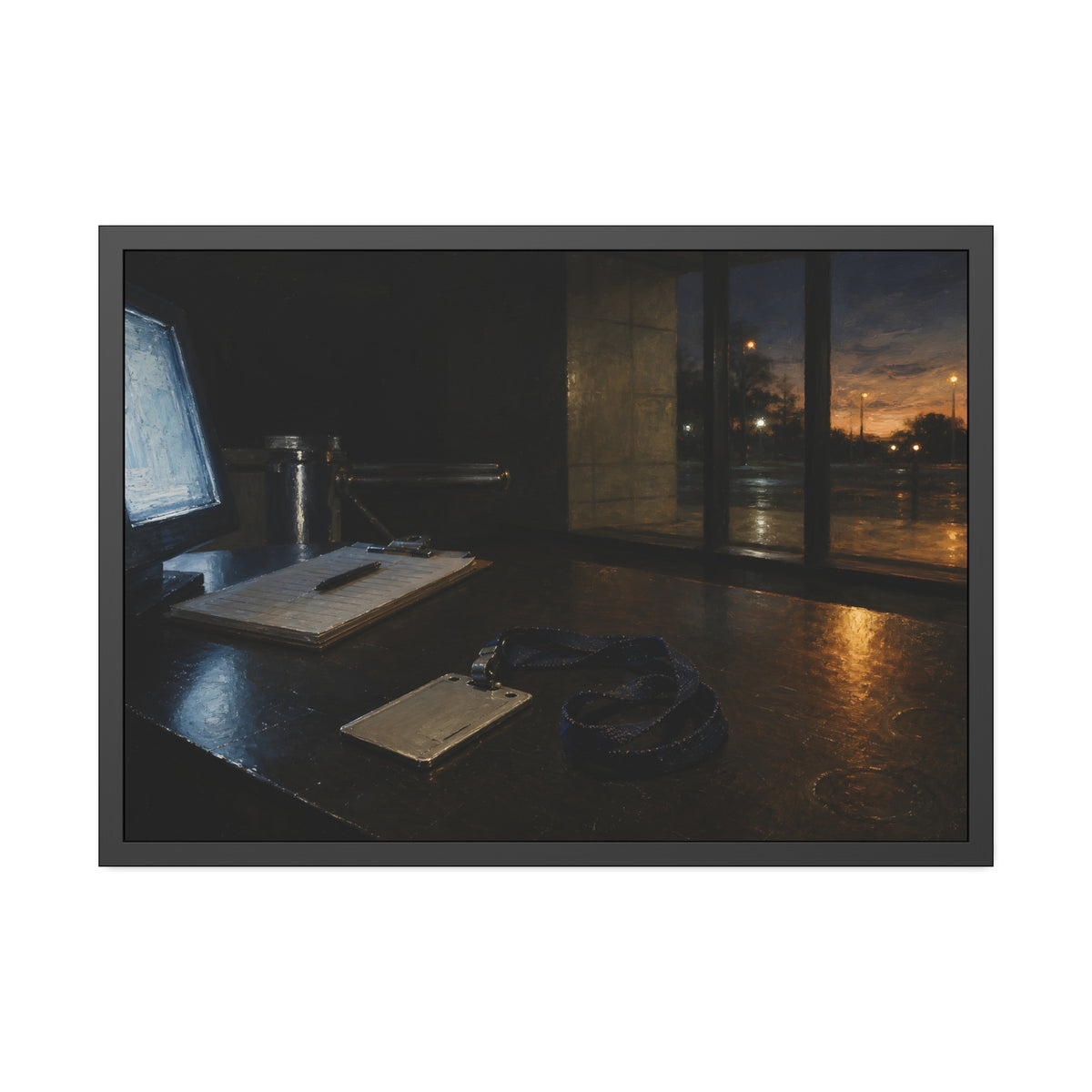An ID badge and lanyard left on a security desk beside a lit monitor. The Badge on the Security Desk by Garabaggio, framed fine art print, 40″ x 28″.