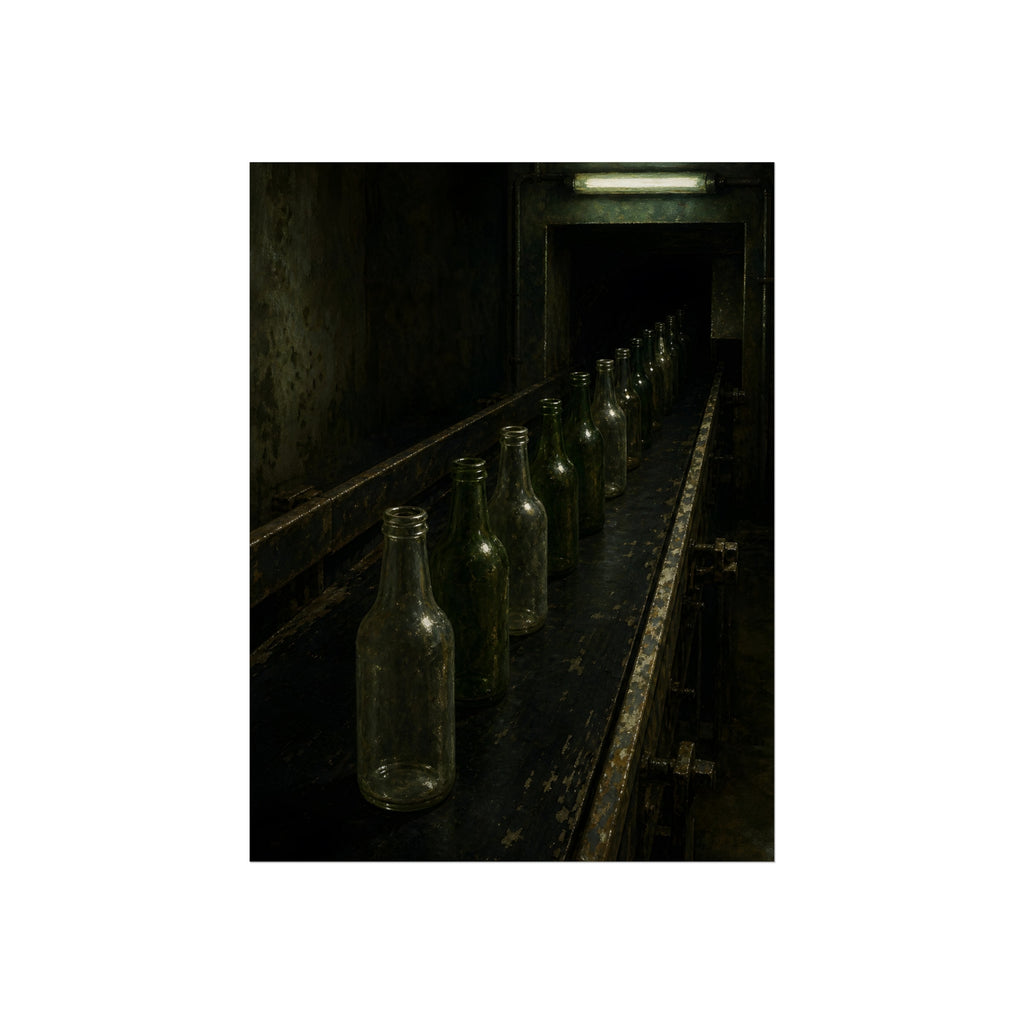 Empty glass bottles in a line on a conveyor under one fluorescent tube. The Procession of Bottles by Garabaggio, fine art print, 12″ x 16″.