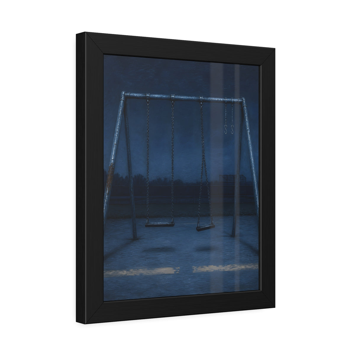 A swing set with two seats and two bare hooks in blue predawn light. The Fifth Hour: The Blue Before by Garabaggio, framed fine art print hanging in a room.
