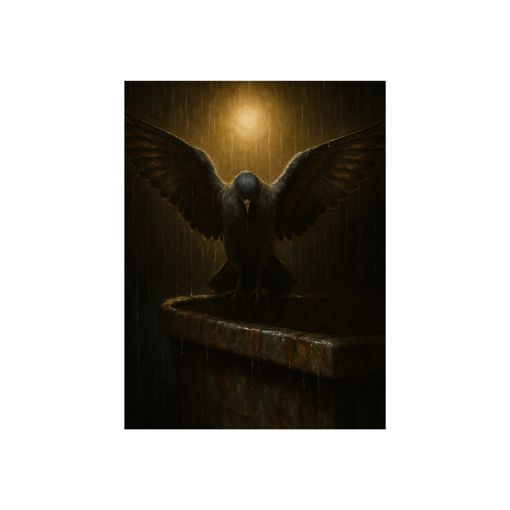 A pigeon with wings spread on a dumpster rim under a lamp in the rain. The Passion (Study in Rain) by Garabaggio, fine art print hanging in a room.