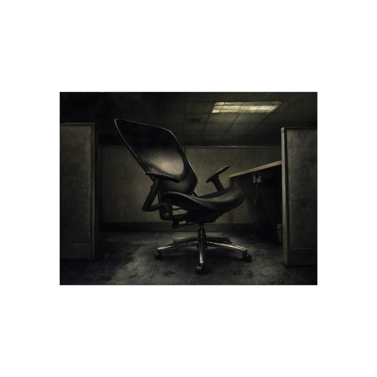 An office chair tilted back in an empty cubicle under one ceiling light. The Ergonomic Chair, Unlocked by Garabaggio, fine art print, 16″ x 12″.