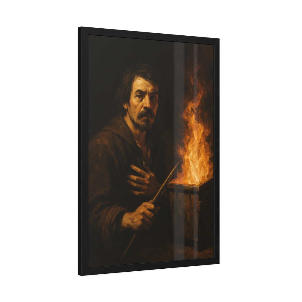 Man holding a long wooden stick, hand on chest, before a burning bin. Self-Portrait with Mahlstick by Garabaggio, framed fine art print hanging in a room.