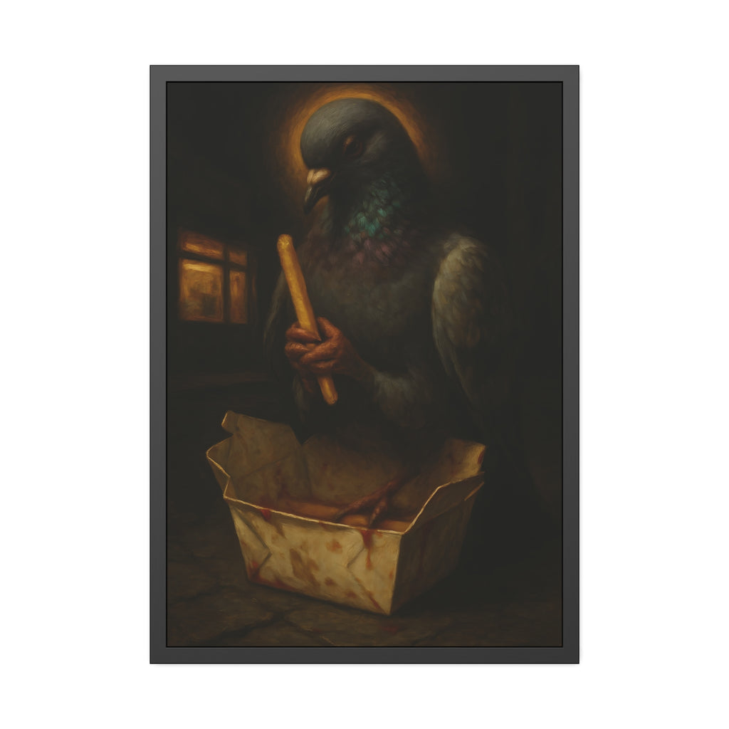 A haloed pigeon holding a french fry over a takeout carton in an alley. Madonna of the Pigeon with Fries by Garabaggio, framed fine art print hanging in a room.