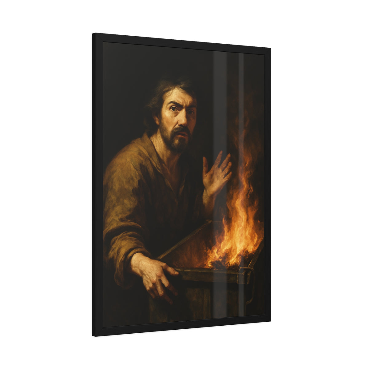 Man gripping the edge of a burning dumpster with one hand raised. Self-Portrait at 3:40 AM by Garabaggio, framed fine art print hanging in a room.