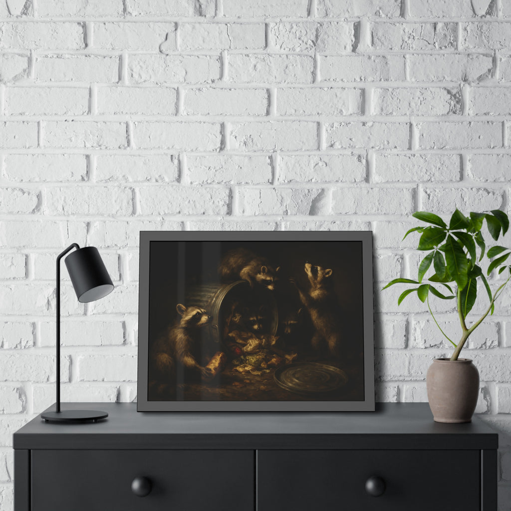 Raccoons around a tipped metal trash can, scattering food scraps. The Vigil of the Midnight Feast by Garabaggio, framed fine art print hanging in a room.