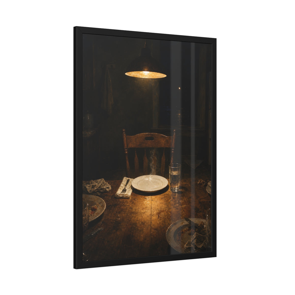 A clean plate and empty chair under a hanging lamp at a used dinner table. The Empty Seat at Dinner by Garabaggio, framed fine art print hanging in a room.