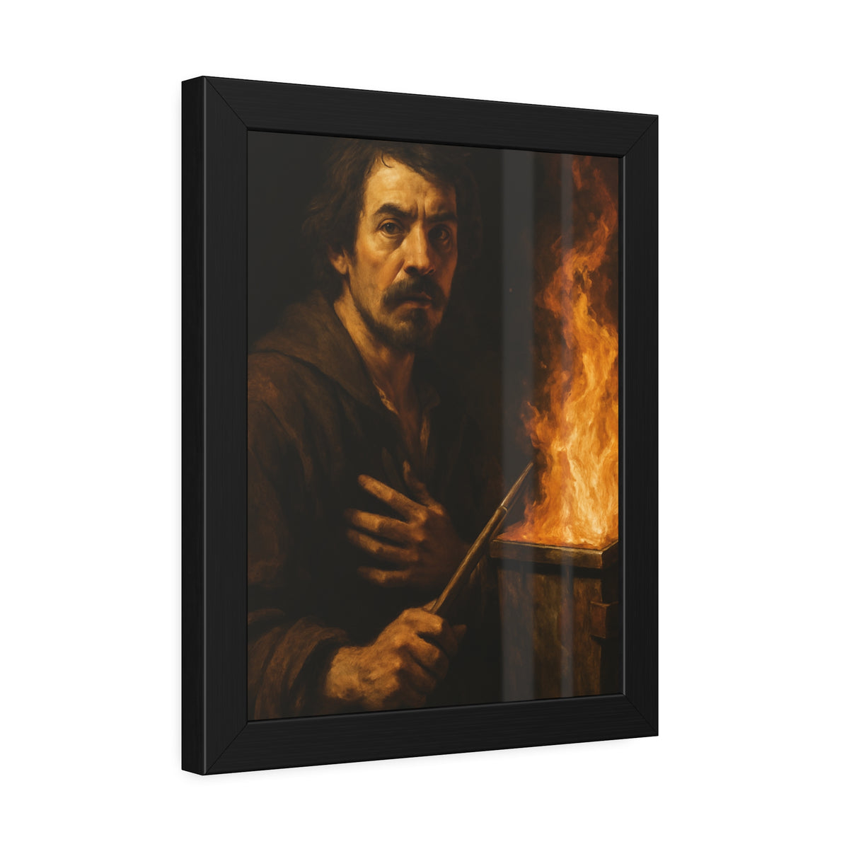Man holding a long wooden stick, hand on chest, before a burning bin. Self-Portrait with Mahlstick by Garabaggio, framed fine art print hanging in a room.