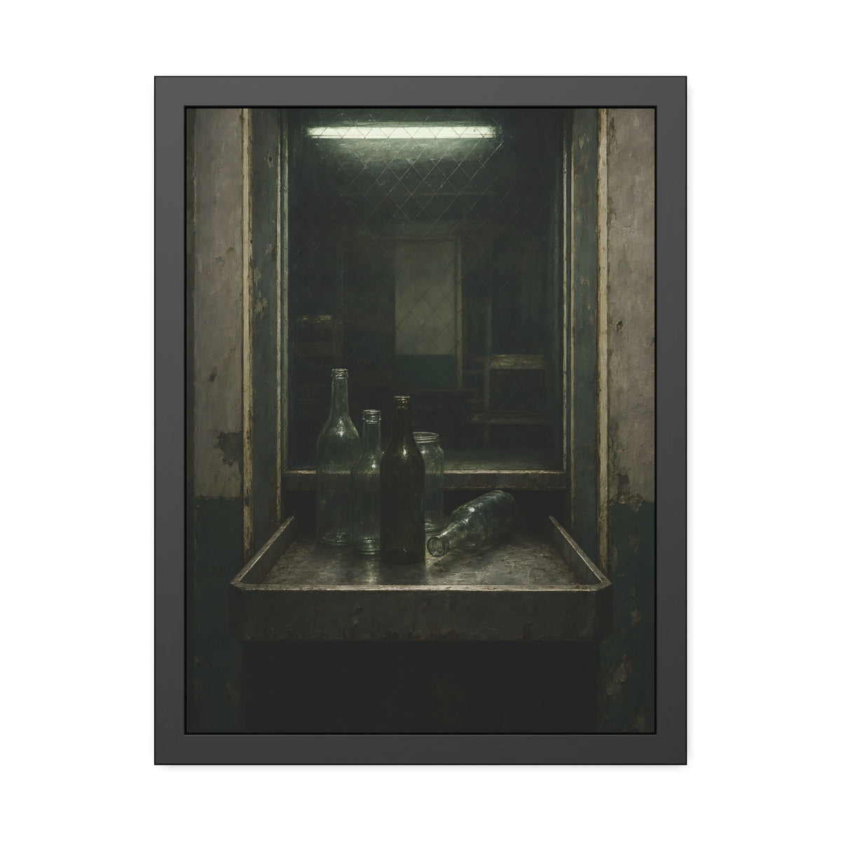 Empty glass bottles on a metal tray at a service window under a fluorescent tube. The Counting Window by Garabaggio, framed fine art print, 18″ x 24″.