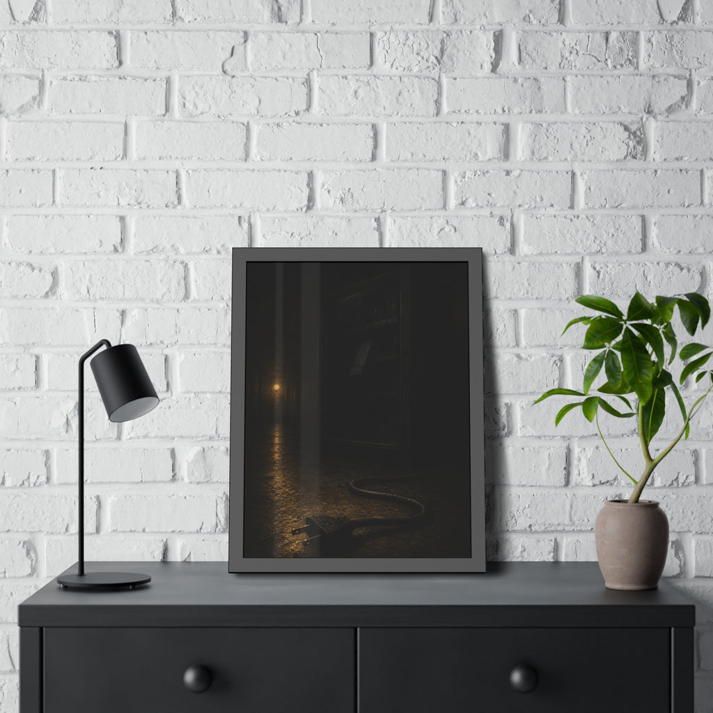 A dark vending machine with its unplugged cord lying on a wet corridor floor. The Unplugging by Garabaggio, framed fine art print hanging in a room.