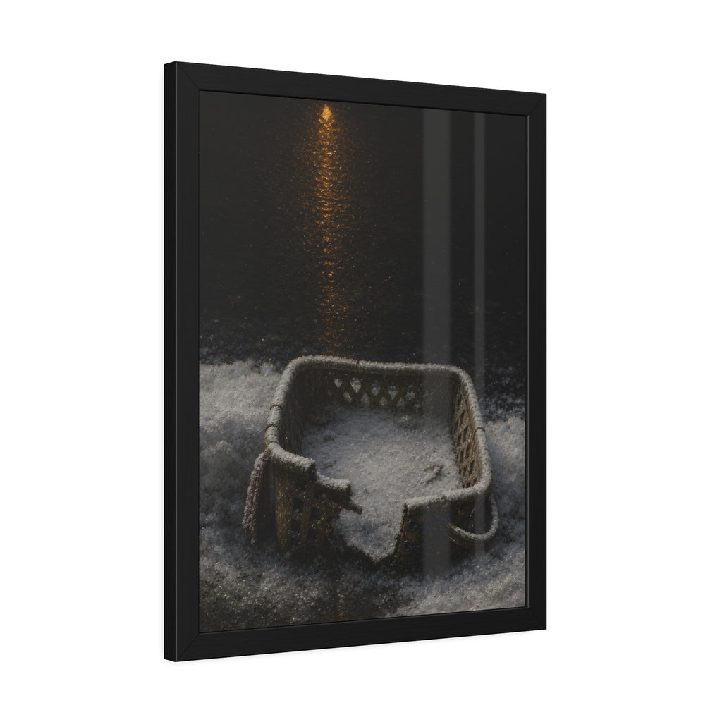 A cracked laundry basket half buried in snow under a distant lamp. The First Snow by Garabaggio, framed fine art print hanging in a room.