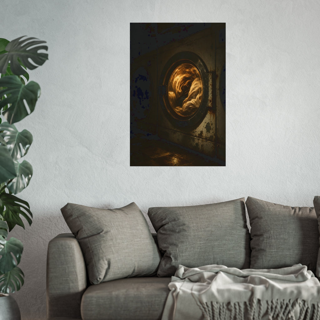 A washer drum tumbling laundry lit amber behind its glass door. The First Spin by Garabaggio, fine art print hanging in a room.